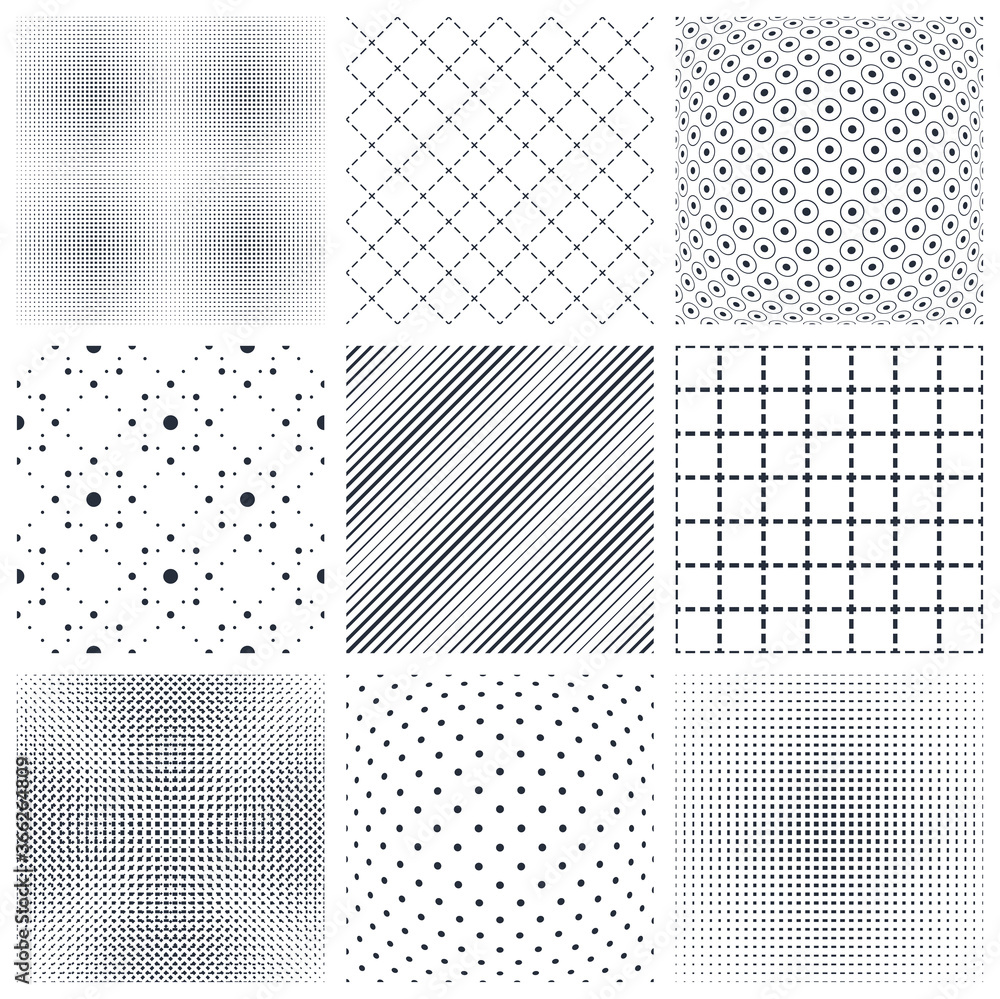 Poster geometric seamless patterns set, abstract minimalistic and simple lined and dotted backgrounds, wall