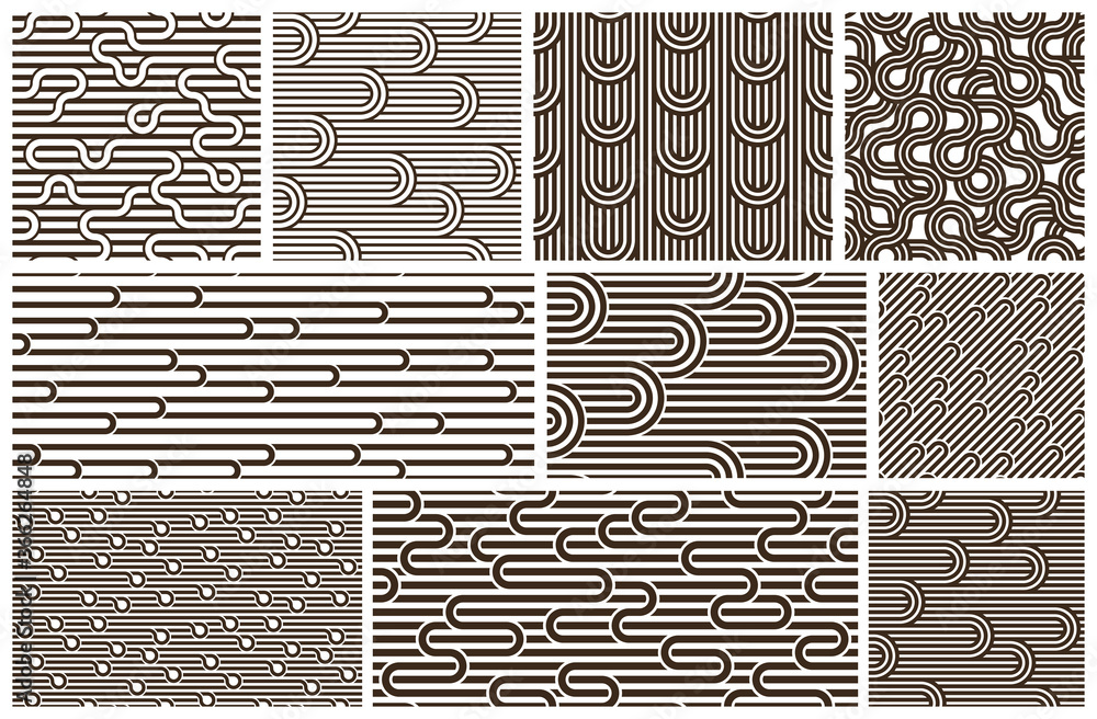 Poster lined seamless vector patterns with twisted lines, geometric abstract backgrounds set, stripy net, o