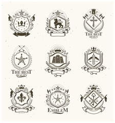 Fototapeta premium Vintage decorative emblems compositions, heraldic vectors. Classy high quality symbolic illustrations collection, vector set.