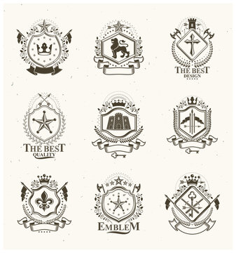 Vintage decorative emblems compositions, heraldic vectors. Classy high quality symbolic illustrations collection, vector set.