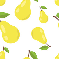 Vector seamless pattern of yellow pears with green leaves on a white background. Different pear sizes. For printing on fabrics, napkins, packaging etc.