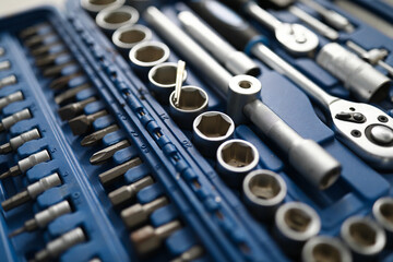 Set of tools for car repair in box closeup. Car mechanic tool concept