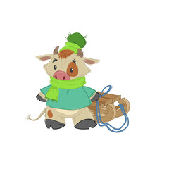 Cute bull, ox or bison taking a wooden sledges. 2021 chinese year of bull symbol. Cartoon hand drawn style. January holidays vector illustration.