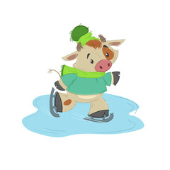 Obraz na płótnie Canvas Cute bull, ox or bison skating on open air ice. 2021 chinese year of bull symbol. Cartoon hand drawn style. February vector illustration.