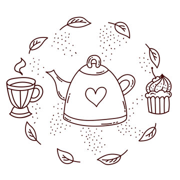tea time doole line icons vector set illustration