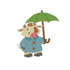Cute bull, ox or bison taking an umbrella. 2021 chinese year of bull symbol. Cartoon hand drawn style. October vector illustration.