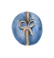 Watercolor element on white background. Handmade stylized shower soap with a ribbon. For design compositions on the topic of hygiene, bathroom, cleanliness, cosmetics, body care.