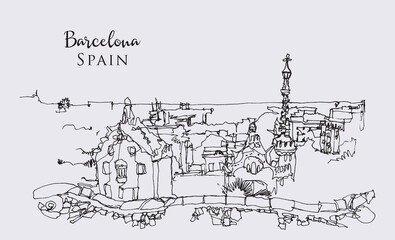 Drawing sketch illustration of Park Guell in Barcelona