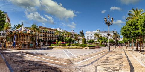 Panoramic view of landmark El Arenal Plaza square in downtown Jerez de la Frontera, Spain. - obrazy, fototapety, plakaty