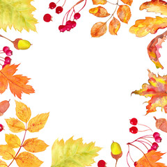 Watercolor frame of autumn leaves and berries . Beautiful round wreath of yellow and red leaves, berries, branches