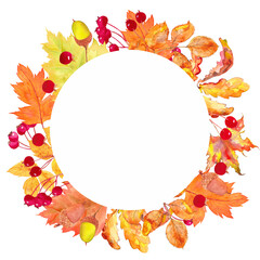Watercolor wreath of autumn leaves and berries . Beautiful round wreath of yellow and red leaves, berries, branches.