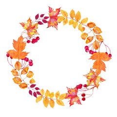 Watercolor wreath of autumn leaves and berries . Beautiful round wreath of yellow and red leaves, berries, branches. 