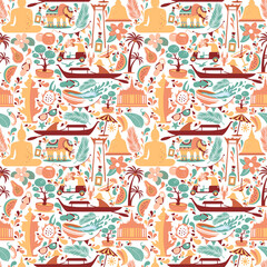 Asia Culture set of bruight icons in seamless pattern - Bangkok Thailand Vector Illustration on white background.