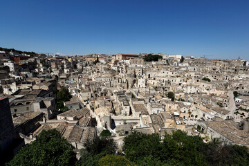 View of the ancient town of Matera called "Sassi", European Capital of Culture 2019 and Unesco World heritage, Basilicata, Italy.