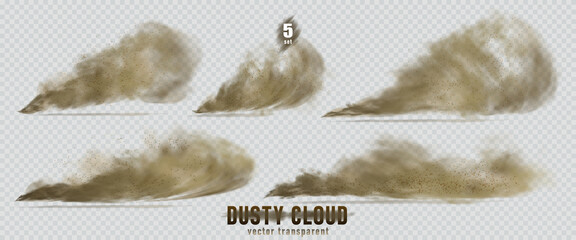 Dusty cloud or broun dry sand flying with a gust of wind, sandstorm, explosion realistic texture with small particles or grains of sand illustration 5 set isolated on transparent background. Vector. - obrazy, fototapety, plakaty