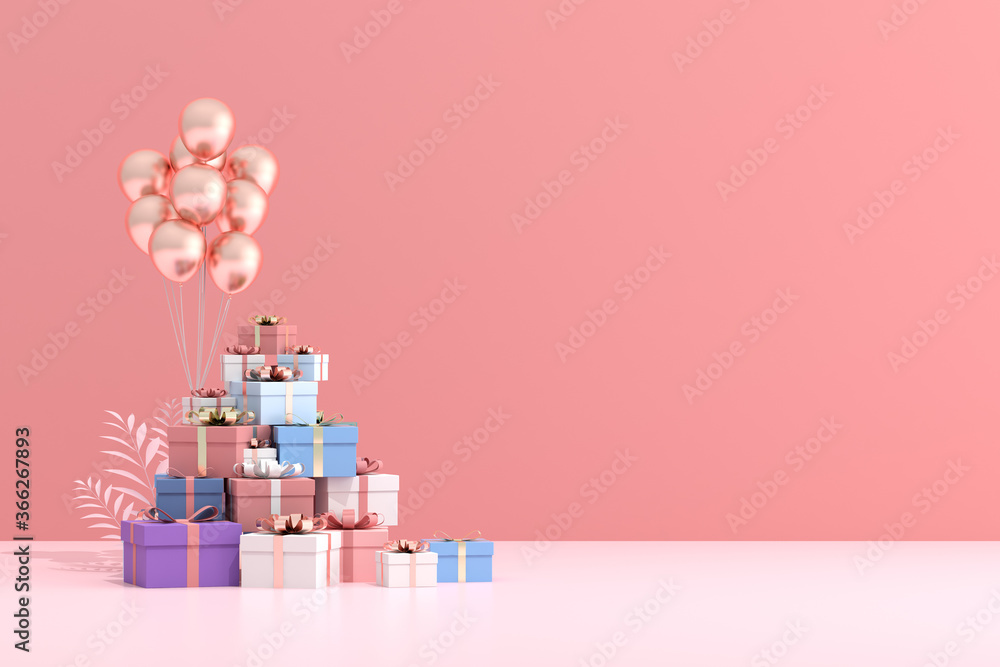 Poster Mock up of gift box and balloons in minimal style. 3D rendering.	
