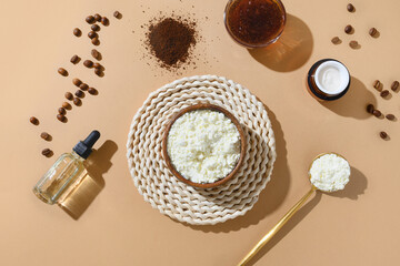 Collagen and SPA accessories, coffee beans, skin oil, scrub for anti cellulite procedure. Zero...