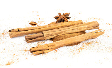 cinnamon stick and star anise spice isolated on white background closeup