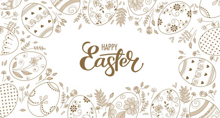 Frame of hand drawn easter eggs and flowers on white background. Greeting card or invitation template