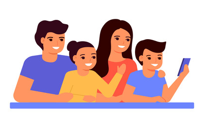 Happy family communicates via smartphone via video conference. Family watching parents and kids videos. Rest, communication, joint time, leisure. Vector illustration