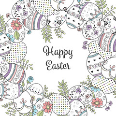 Frame of hand drawn easter eggs and flowers on white background. Greeting card or invitation template