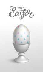Realistic decorated egg in egg cup. Easter greeting card or invitation template