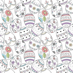 Seamless pattern of hand drawn decorated easter eggs on white background. Design element for greeting card, invitation or wrapping paper