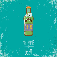 vector cartoon funky beer bottle character isolated on grunge azure background.vector beer comic label or poster design template. my name is beer or happy friday concept illustration