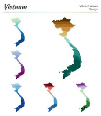 Set of vector maps of Vietnam. Vibrant waves design. Bright map of country in geometric smooth curves style. Multicolored Vietnam map for your design. Vibrant vector illustration.