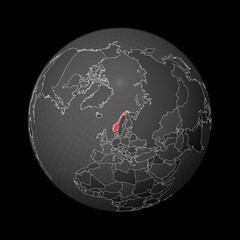 Dark globe centered to Norway. Country highlighted with red color on world map. Satellite world projection. Awesome vector illustration.