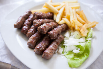 Traditional grilled meat kebab with french fries