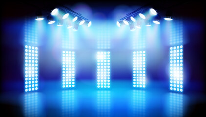 Television studio illuminated by spotlight during the show. Blue lights on the stage. Place for the exhibition. Vector illustration. - 366270646