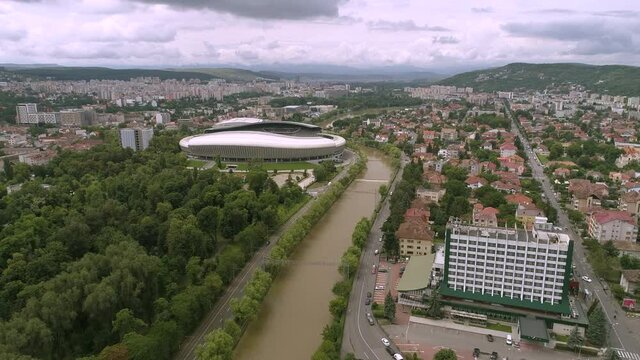 Aerial footage of the city center of Cluj-Napoca on a cloudy day