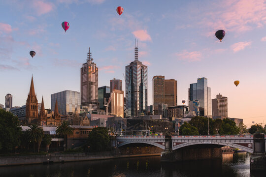 Hot Air Balloons Over Melbourne At Sunrise