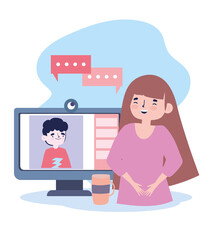 online party, meeting friends, woman with coffee cup talking with man in video call