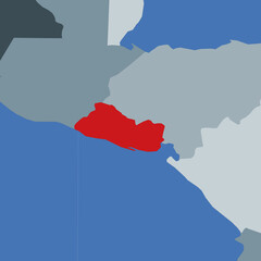 Shape of the Republic of El Salvador in context of neighbour countries. Country highlighted with red color on world map. Republic of El Salvador map template. Vector illustration.