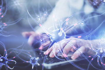 Neuron hologram with man working on computer on background. Education concept. Double exposure.