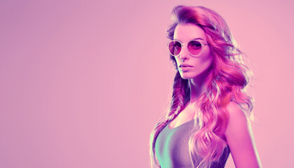 High Fashion. Woman in colorful neon light, make-up. Sexy girl, stylish hair, trendy makeup. Party disco pink purple neon style. Creative art beauty portrait, fashionable model face, make up