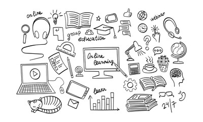 Online education hand drawn icons set. Distance learning doodles. Vector illustration.