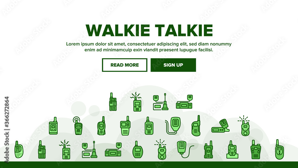 Poster walkie talkie device landing web page header banner template vector. walkie talkie wireless communic