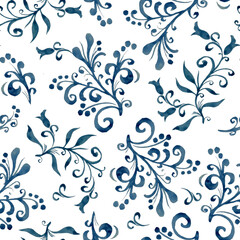 Fototapeta na wymiar Floral seamless pattern with leaves and berries. Hand drawing. Background for title, blog, decoration. Design for wallpapers, textiles, fabrics..
