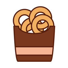 fast food onion rings in box dinner and menu, tasty meal and unhealthy line and fill icon