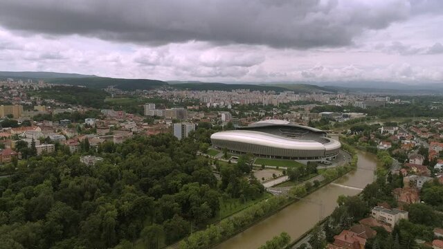 Aerial footage of the city center of Cluj-Napoca on a cloudy day
