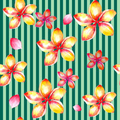 Watercolor summer floral tropical seamless pattern with green stripes.