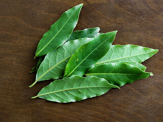 Fresh bay leaves on wooden background