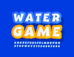 Fototapeta na wymiar Vector holiday emblem Water Game, Blue Sticker Font. Comic Alphabet Letters and Numbers for Kids