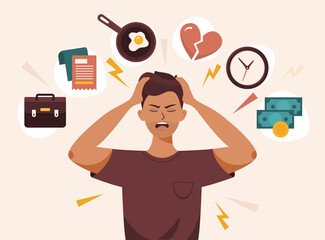 Flat vector illustration of a man with open mouth, clutches at head with both hands. He suffers from headache, panic, fright, depression. Stress, irritation factors, housekeeping, overwork, badmood - obrazy, fototapety, plakaty