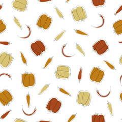 Vector Vegetables Bell Sweet Cayenne Chili Peppers Scattered on White Seamless Repeat Pattern. Background for textiles, cards, manufacturing, wallpapers, print, gift wrap and scrapbooking.