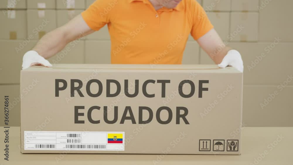Poster warehouse worker and big box with product of ecuador printed text
