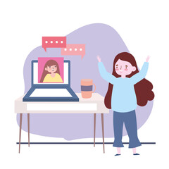 meeting friends, women talking for laptop, keep distance to protection covid-19